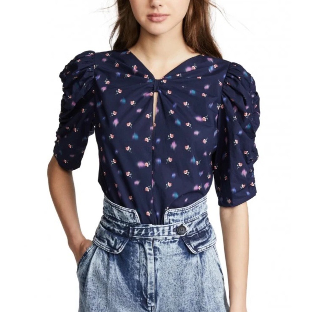 REBECCA TAYLOR Farren Floral Puff Sleeve Bow Blouse \\ 8